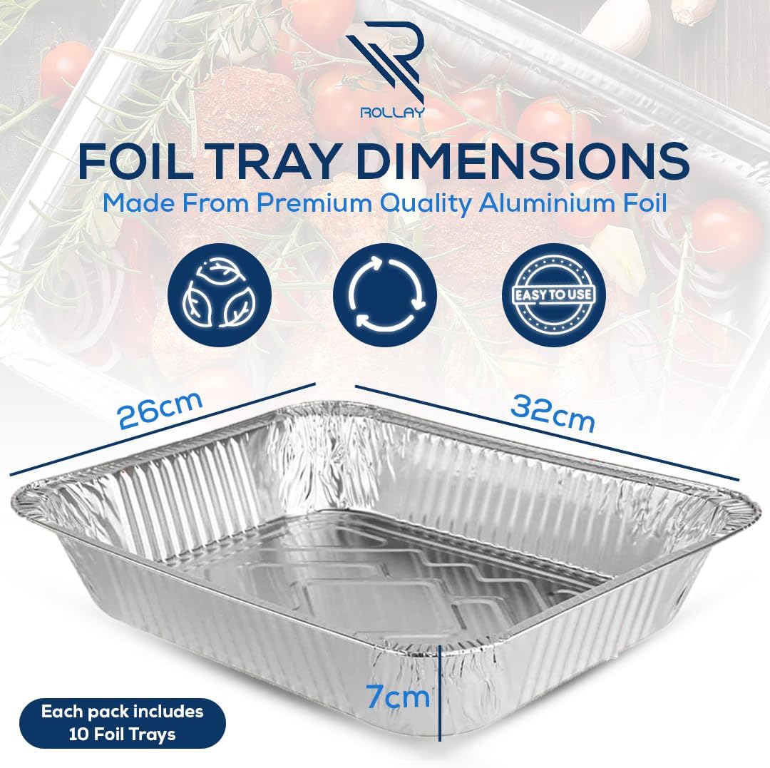 Rollay 10 Pack Large Aluminium Foil Trays Deep (32x26x7 cm) -(3500ml)