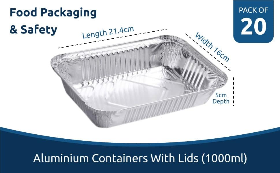 20 Pack Aluminium Foil Trays with Lids 21.4x16x5cm/1000ml