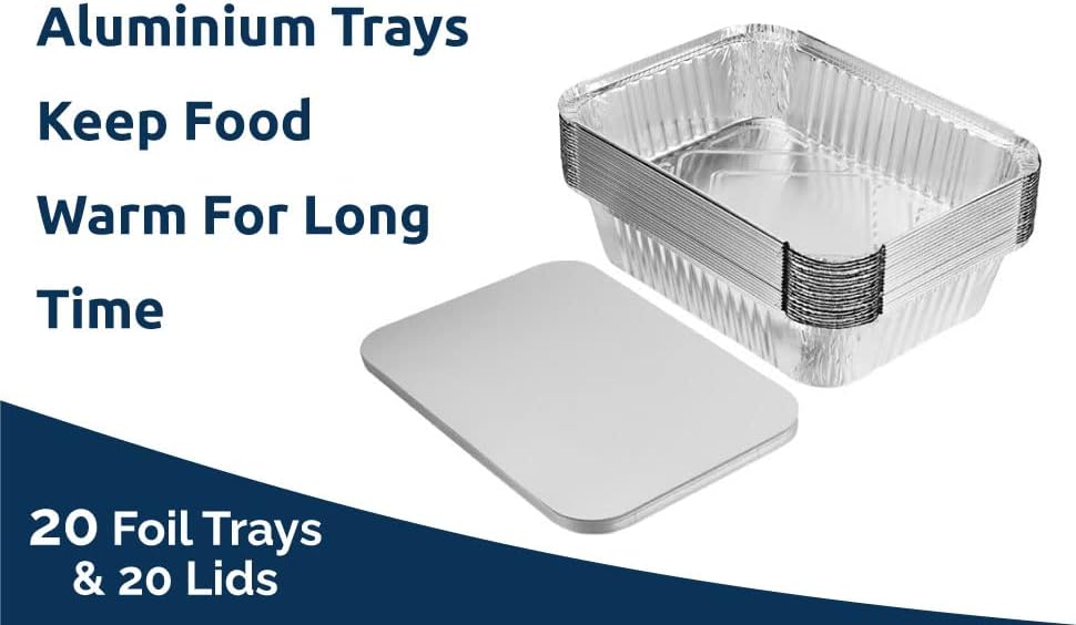 20 Pack Aluminium Foil Trays with Lids 21.4x16x5cm/1000ml