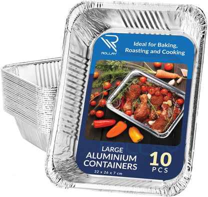 Rollay 10 Pack Large Aluminium Foil Trays Deep (32x26x7 cm) -(3500ml)