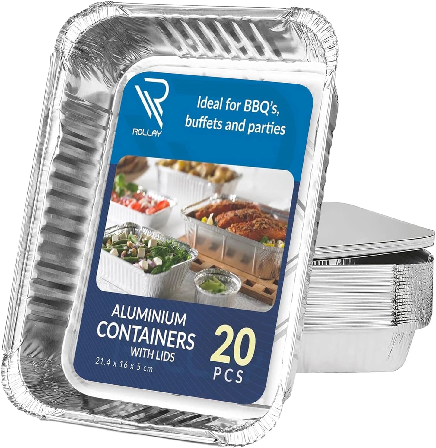 20 Pack Aluminium Foil Trays with Lids 21.4x16x5cm/1000ml