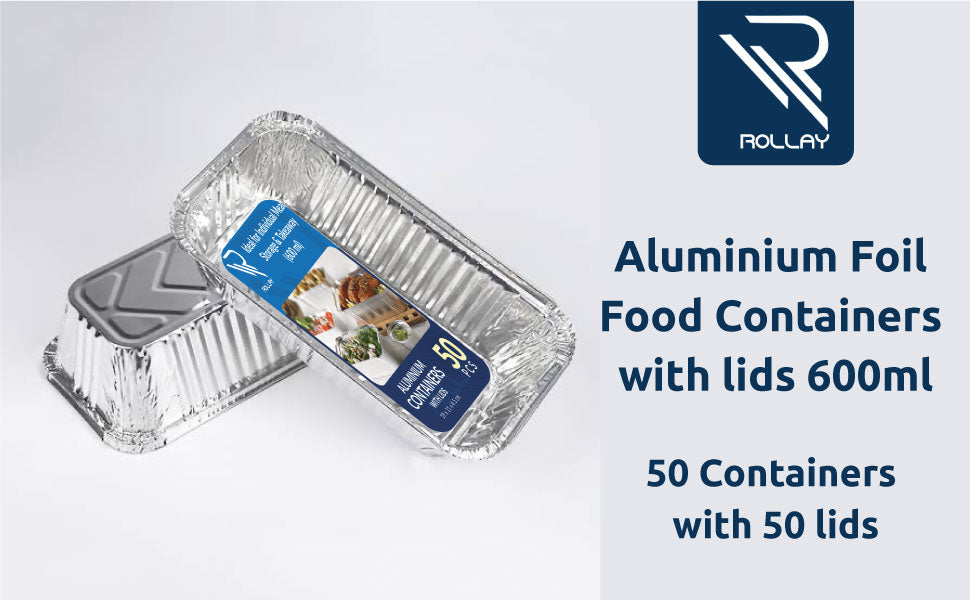 Rollay 50 Pack Aluminium Foil Food Containers with Lids 600ml