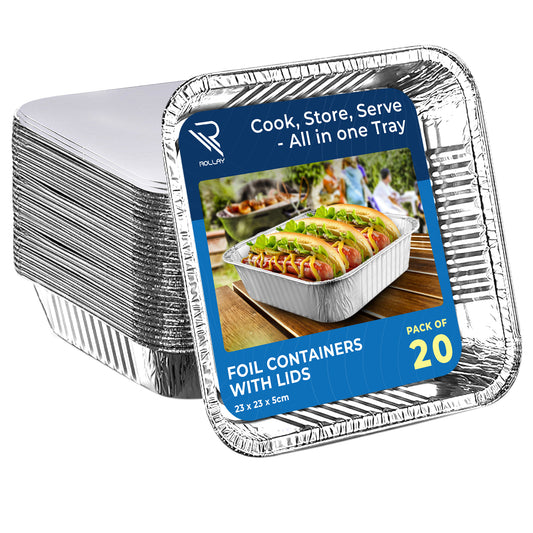 Rollay 20-Pack Aluminium Foil Trays with Paper Lids, 9x9 Inch Foil Food Containers with Lids