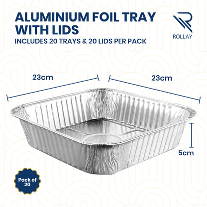 Rollay 20-Pack Aluminium Foil Trays with Paper Lids, 9x9 Inch Foil Food Containers with Lids