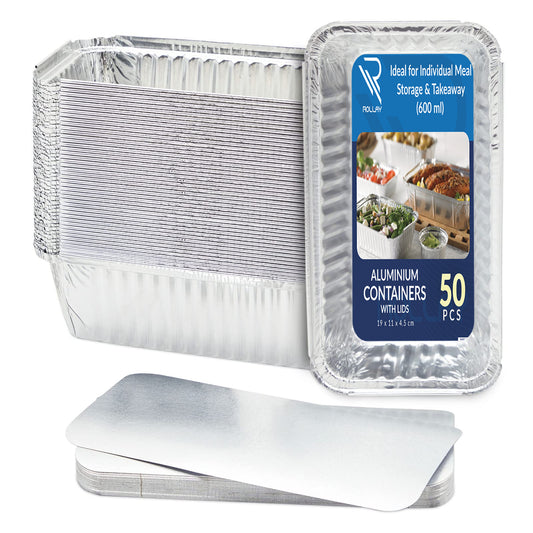 Rollay 50 Pack Aluminium Foil Food Containers with Lids 600ml